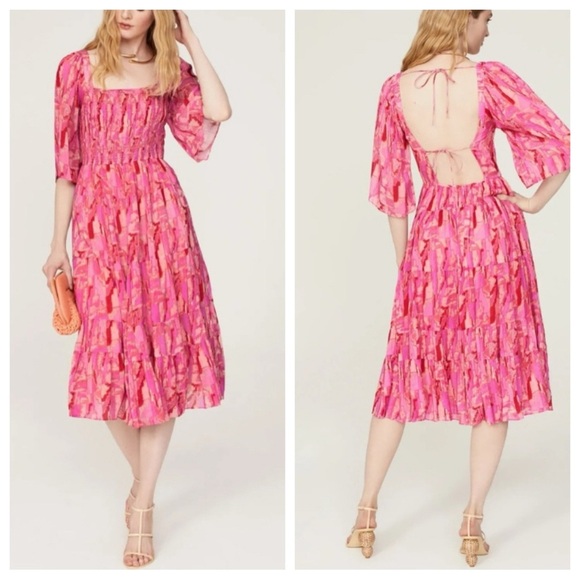 ba&sh Teoli open tie back patterned Midi Dress Pink 45110 - Picture 1 of 16